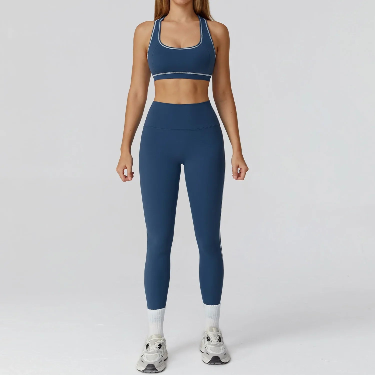 ALMASTRONG women's yoga set including long-sleeve top, leggings, and sports bra for fitness and workout activities.