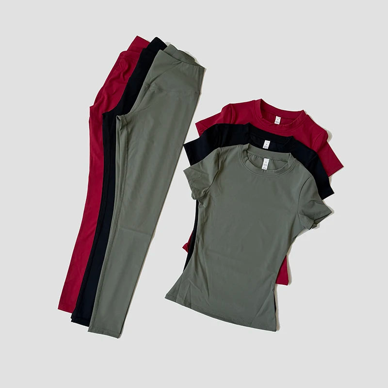 Quick-Drying Gym Leggings Set Sport Suit Short Sleeve Breathable