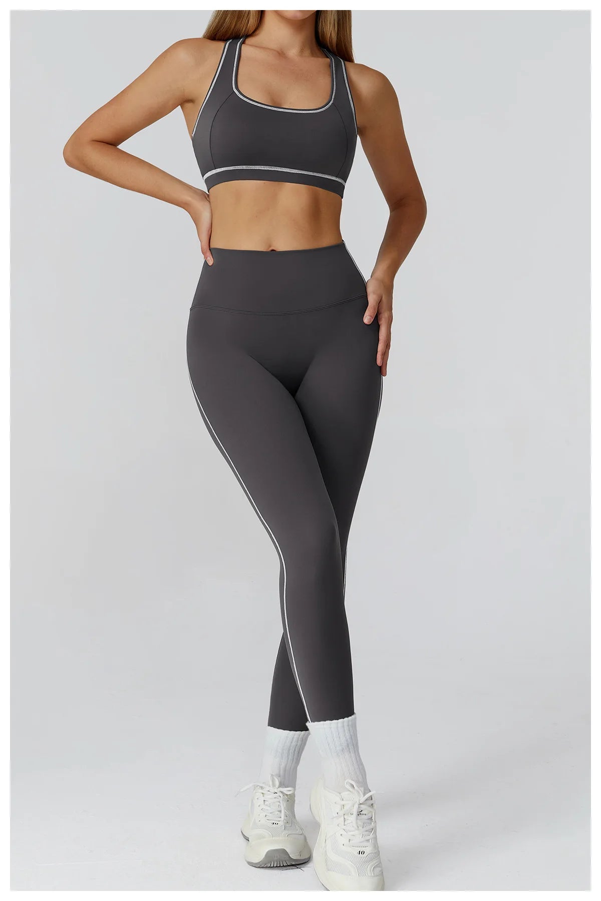 ALMASTRONG women's yoga set includes long sleeve top, sports leggings, and sports bra for fitness and workout activities.