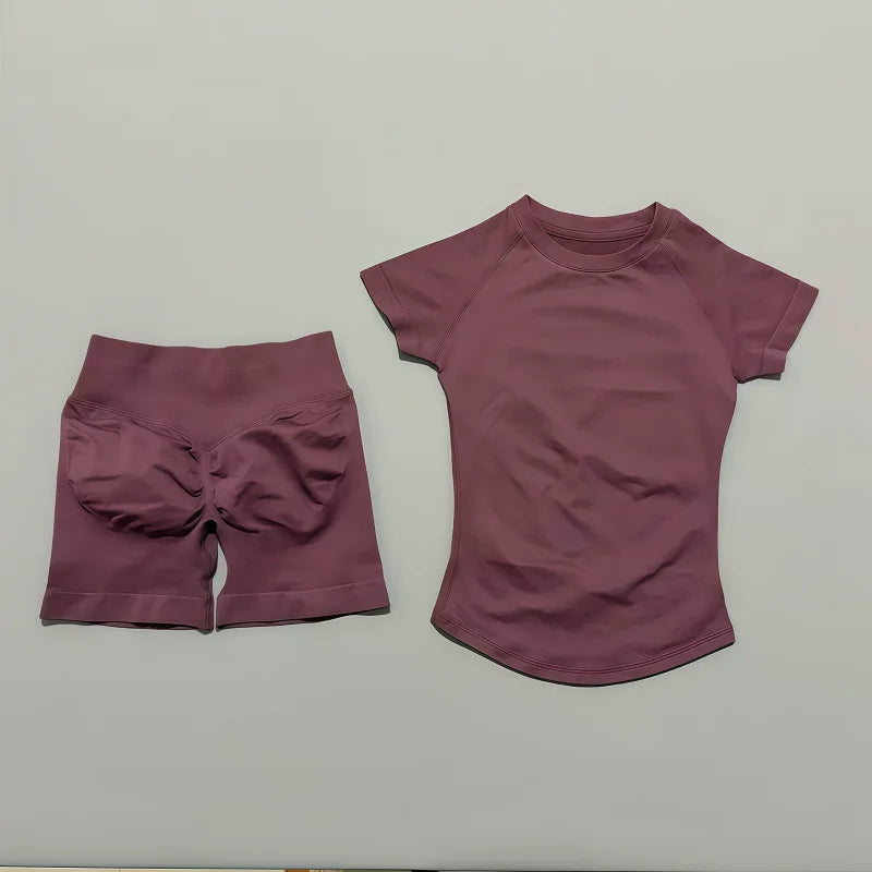 2 Pcs HISTELLO Impact Sports Sets Short Sleeve Seamless Yoga Top Fitness Set Women Workout Running Sports Shorts Gym Suit - ALMASTRONG