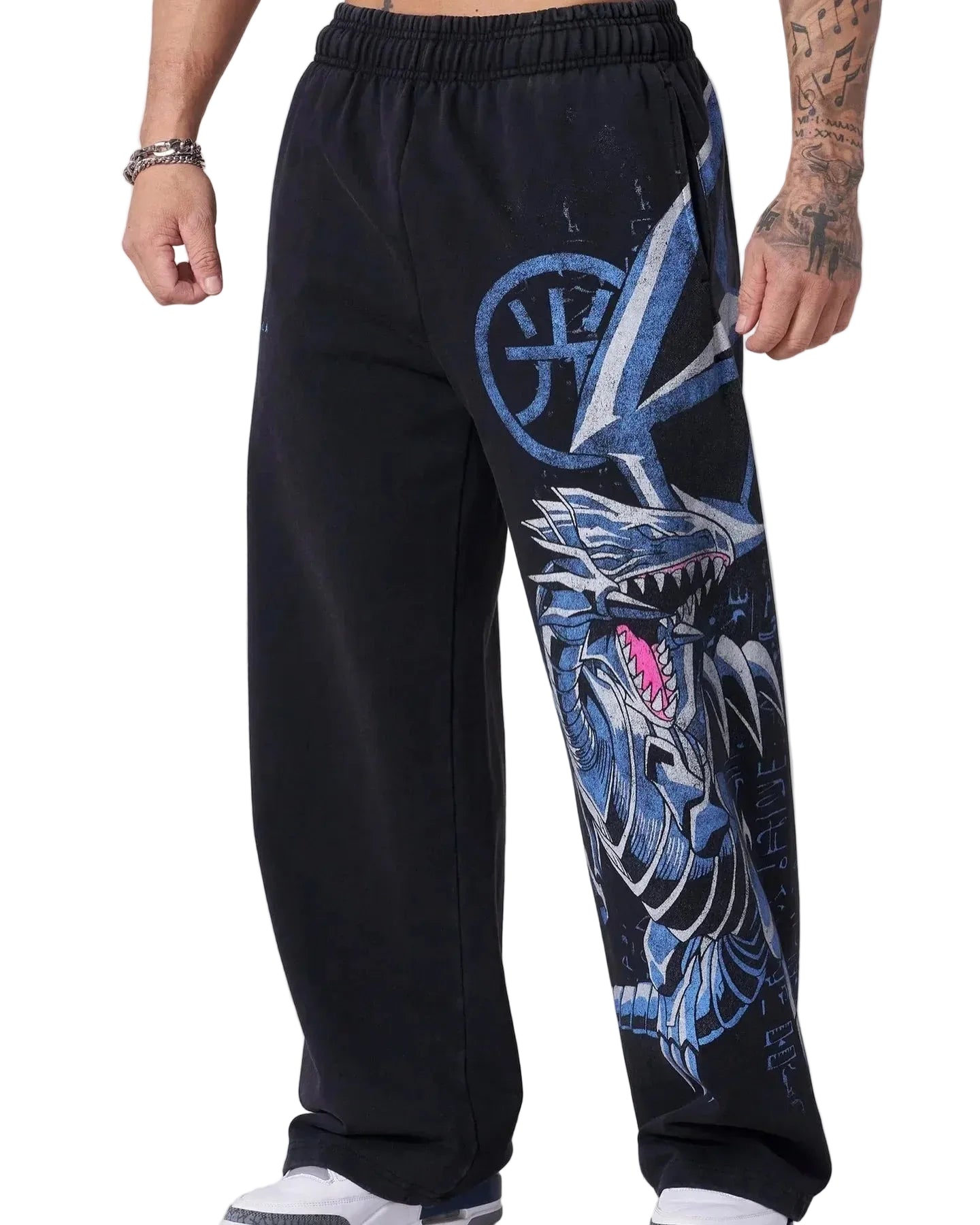 Anime Graphic Sweatpants — Oversized Loose Fit Cotton Streetwear Pants (Blue Dragon / Yugi Design) - ALMASTRONG