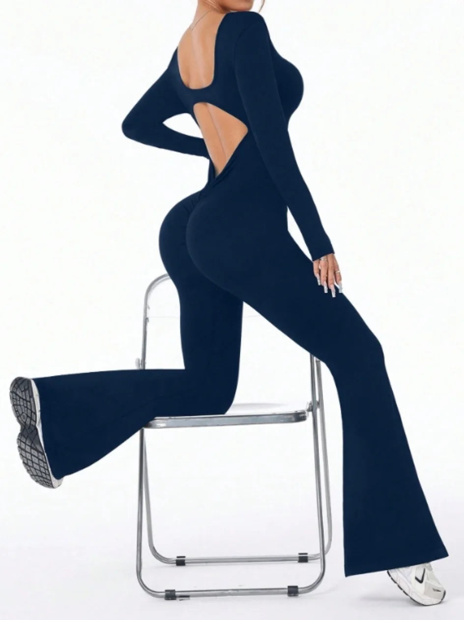 ALMASTRONG women's long sleeve compression jumpsuit with bell bottom yoga pants, solid color, form-fitting, ideal for exercise and fitness.
