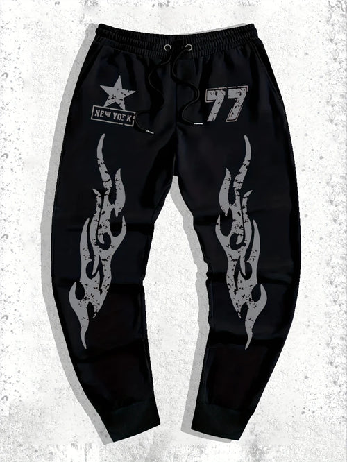 2025 Autumn and Winter Mens Black Flame Jogging Pants Loose Sweatpants