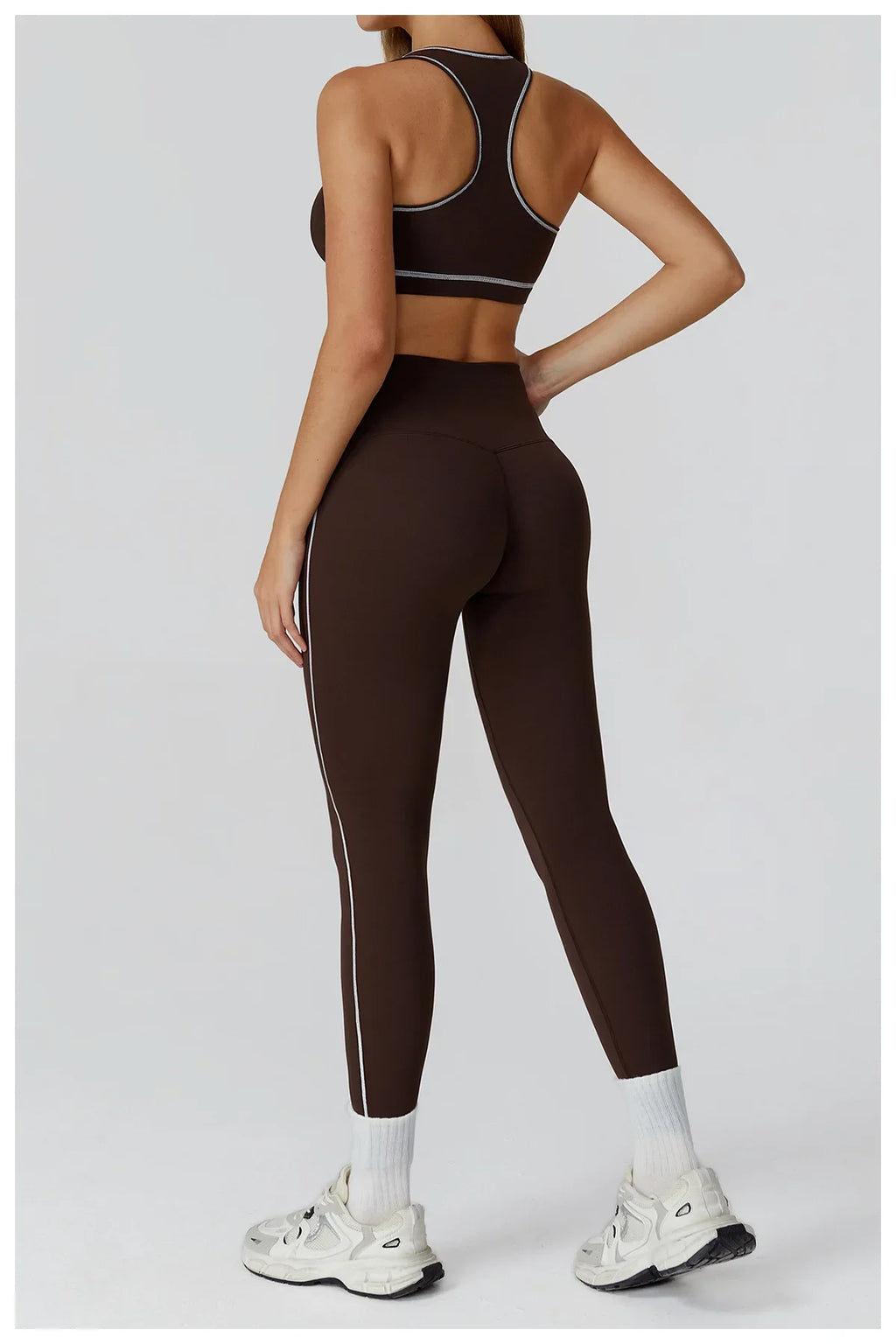 ALMASTRONG women's yoga set with long-sleeve top, leggings, and sports bra for fitness and workout activities.