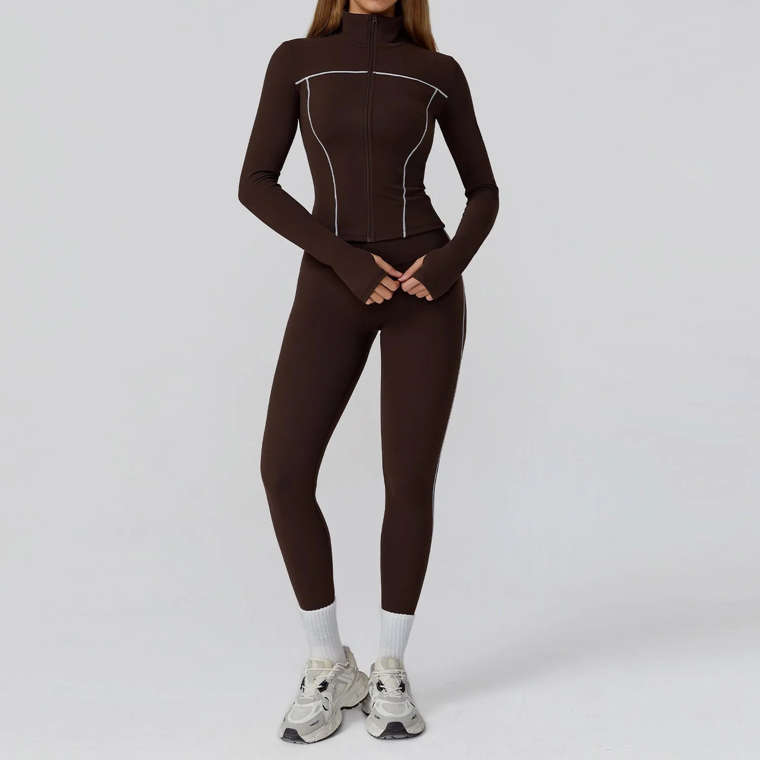 ALMASTRONG women's yoga set with long-sleeved top, leggings, and sports bra for fitness and gym workouts.