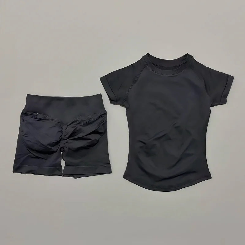 2 Pcs HISTELLO Impact Sports Sets Short Sleeve Seamless Yoga Top Fitness Set Women Workout Running Sports Shorts Gym Suit - ALMASTRONG