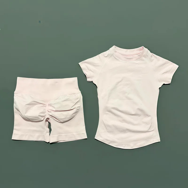 2 Pcs HISTELLO Impact Sports Sets Short Sleeve Seamless Yoga Top Fitness Set Women Workout Running Sports Shorts Gym Suit - ALMASTRONG