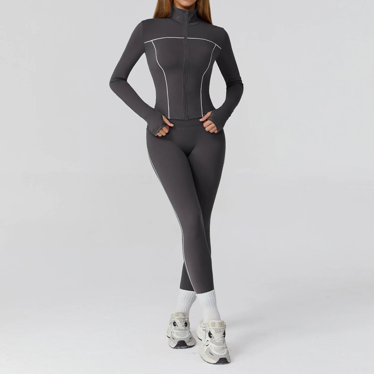 ALMASTRONG women's yoga set with long-sleeved top and leggings, fitness sportswear for workout and gym activities