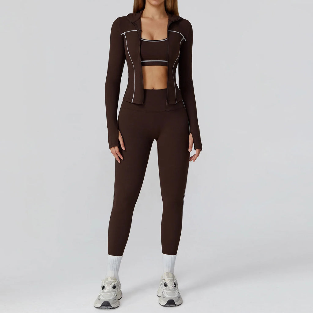 ALMASTRONG women's yoga set with long sleeve top, leggings, and sports bra for fitness and workout activities.