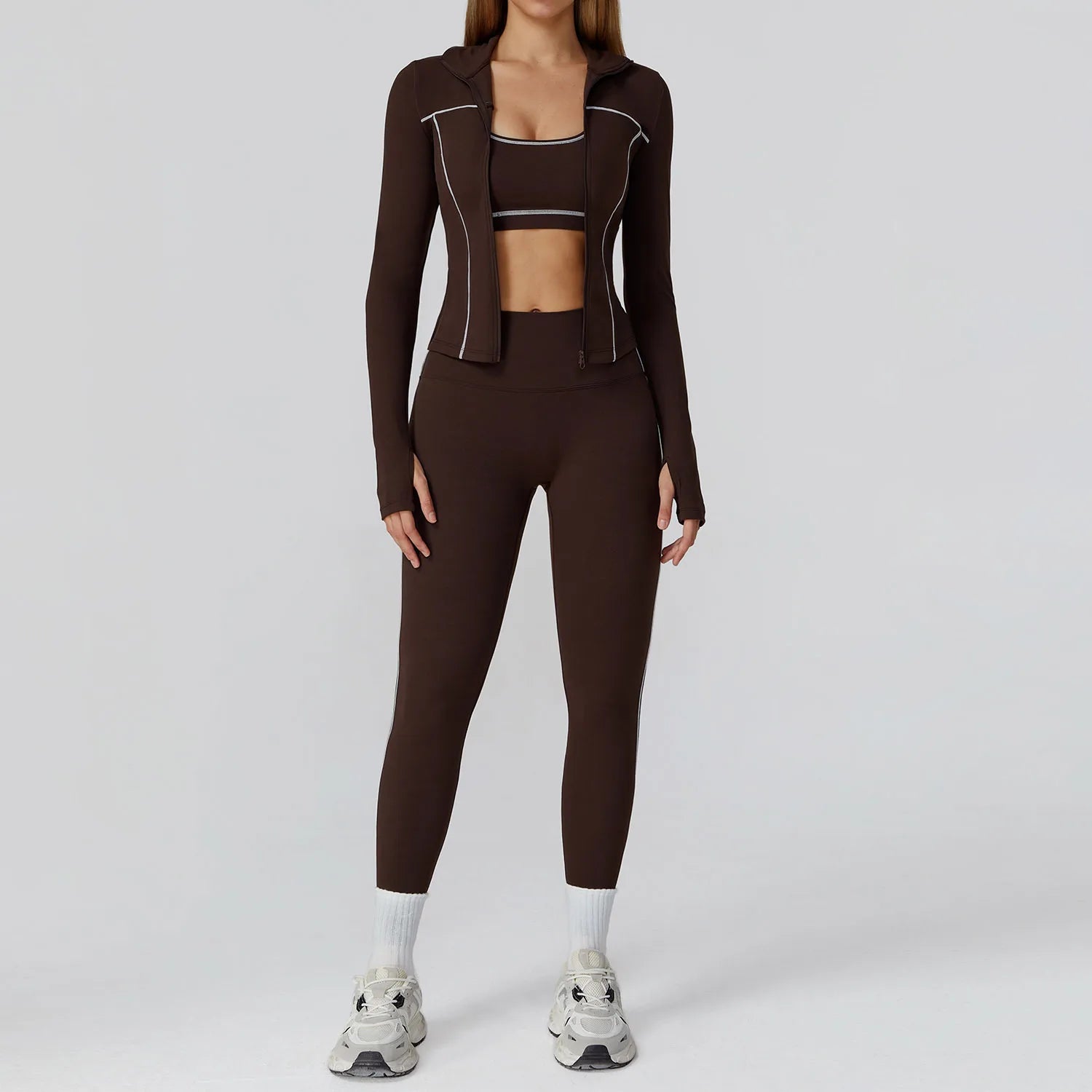 ALMASTRONG women's yoga set with long sleeve top, leggings, and sports bra for fitness and workout activities.