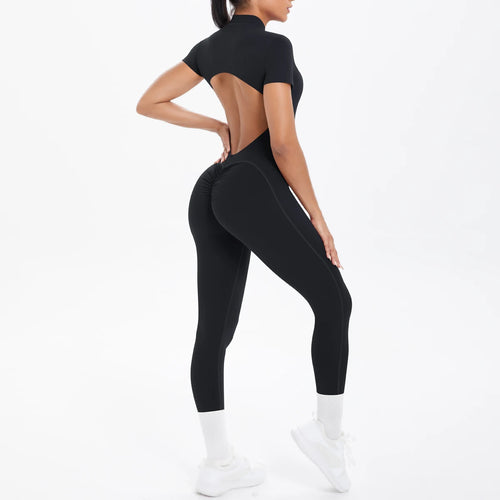 Short Sleeved Fitness Jumpsuit for Woman Bodysuits Backless Solid