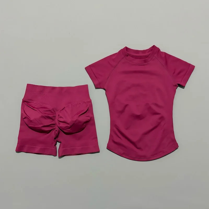 2 Pcs HISTELLO Impact Sports Sets Short Sleeve Seamless Yoga Top Fitness Set Women Workout Running Sports Shorts Gym Suit - ALMASTRONG