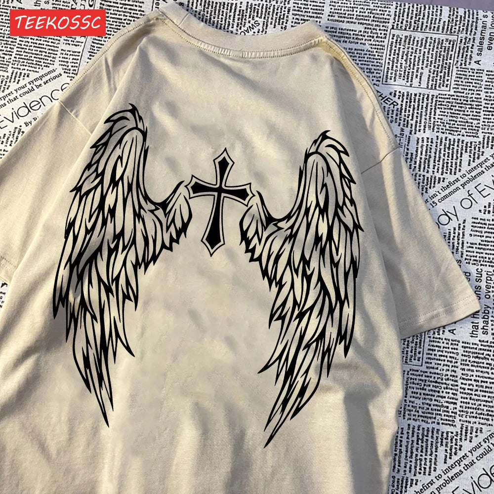 ALMASTRONG Women’s Casual Cotton T-Shirt – Funny Wings Print Oversized Tee
