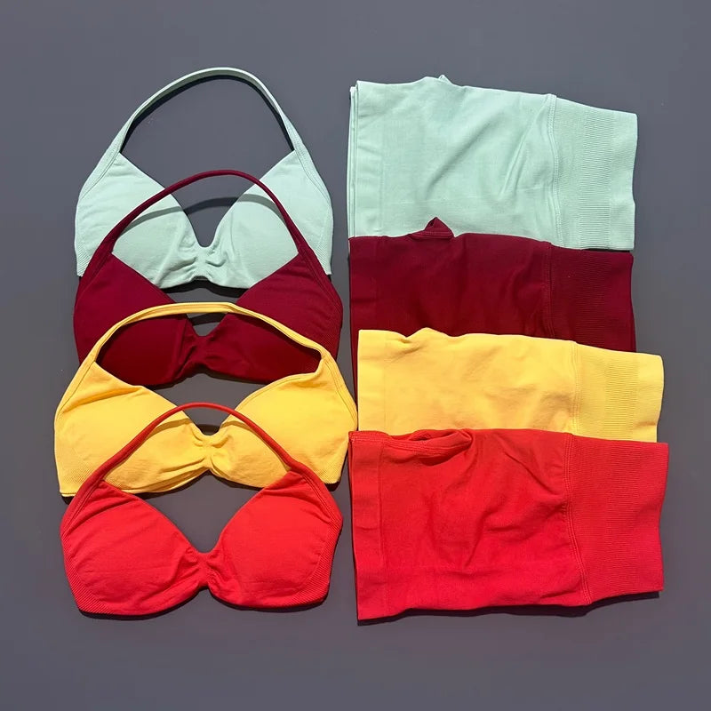 HISTELLO Gym Set 2 Piece Women Strappy Yoga Bra Top Workout Scrunch