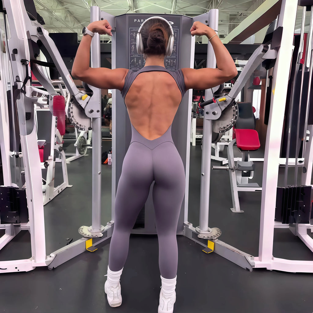 ALMASTRONG Women’s One-Piece Yoga Jumpsuit – Short Sleeve Open-Back Gym Outfit