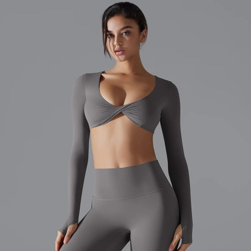 ALMASTRONG Women’s Cross Long Sleeve Sports Bra – Push-Up Yoga Crop Top