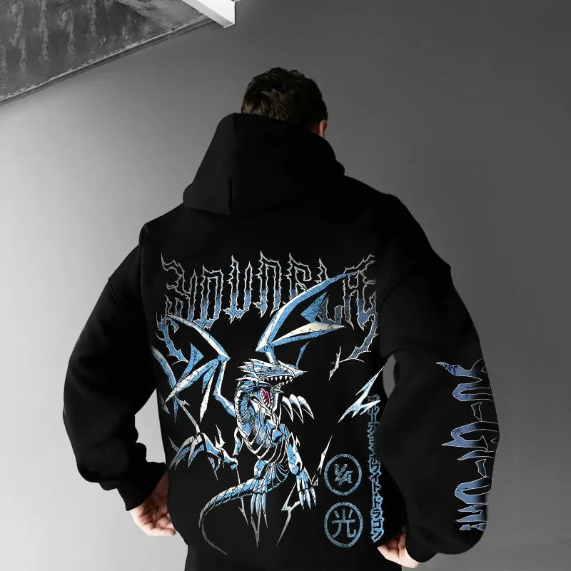 Classic Anime Yu Gi Oh Character Blue Eyed White Dragon Printed Male Autumn/Winter Thick and Wide Y2K Halloween COS Wide Hoodie - ALMASTRONG