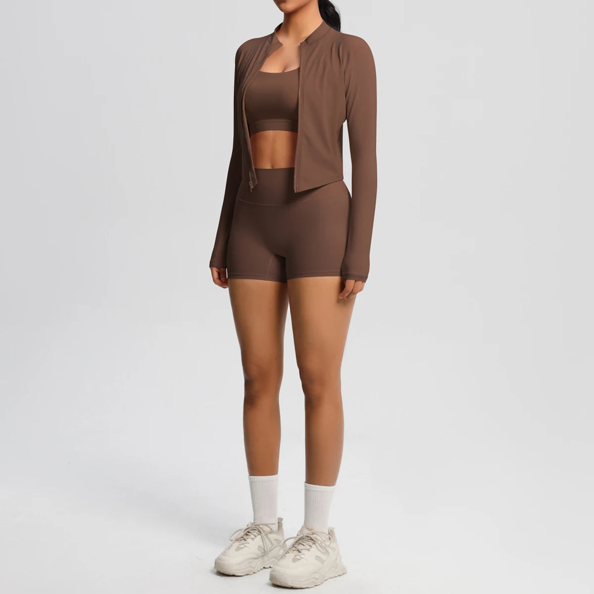 ALMASTRONG 3-Piece Nude-Feel Yoga Set – Women’s Gym Tracksuit Push-Up Outfit