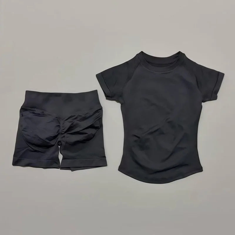 2 Pcs HISTELLO Impact Sports Sets Short Sleeve Seamless Yoga Top Fitness Set Women Workout Running Sports Shorts Gym Suit - ALMASTRONG