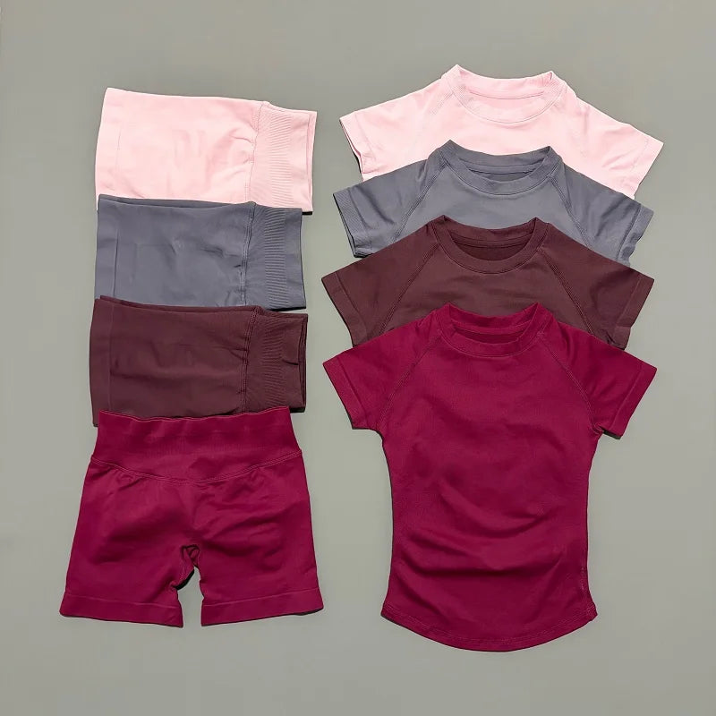 2 Pcs HISTELLO Impact Sports Sets Short Sleeve Seamless Yoga Top Fitness Set Women Workout Running Sports Shorts Gym Suit - ALMASTRONG