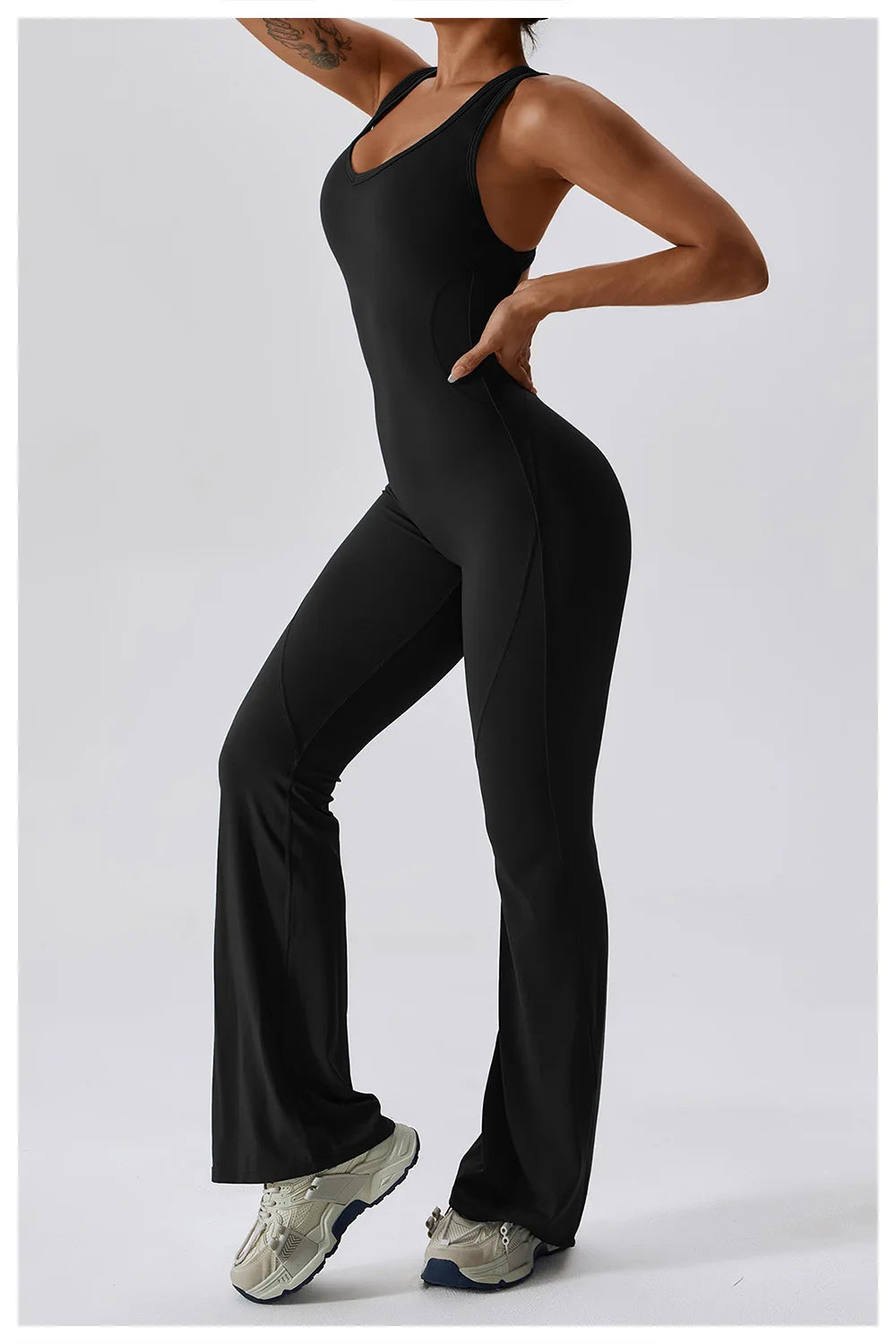 Women’s sports jumpsuit by ALMASTRONG, stretch yoga and workout bodysuit designed for training and fitness activities.