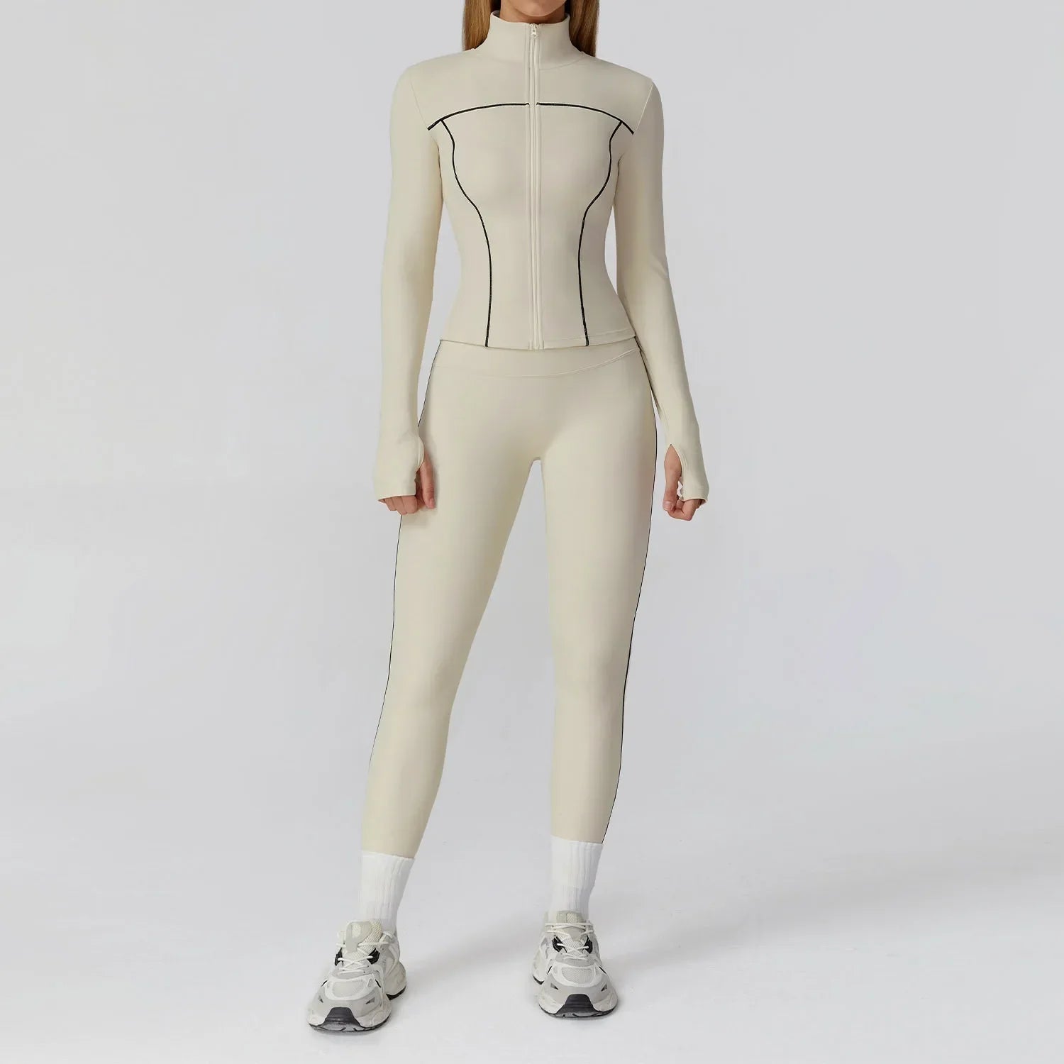 ALMASTRONG women's yoga set includes long-sleeved top, leggings, and sports bra, ideal for fitness and workout activities.
