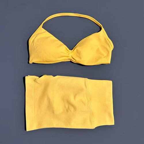 HISTELLO Gym Set 2 Piece Women Strappy Yoga Bra Top Workout Scrunch