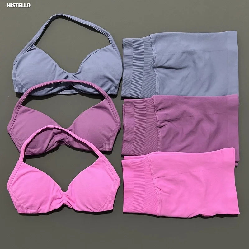 HISTELLO Gym Set 2 Piece Women Strappy Yoga Bra Top Workout Scrunch