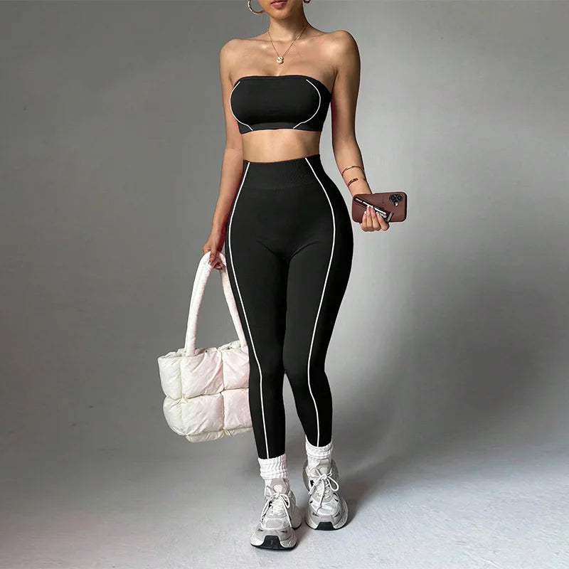 ALMASTRONG women's yoga wear set with color-blocking corset top and slim-fit peach long pants for fitness and active workouts.