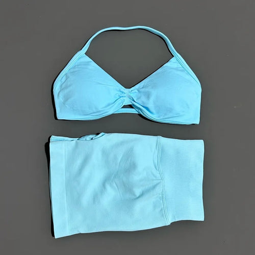 HISTELLO Gym Set 2 Piece Women Strappy Yoga Bra Top Workout Scrunch