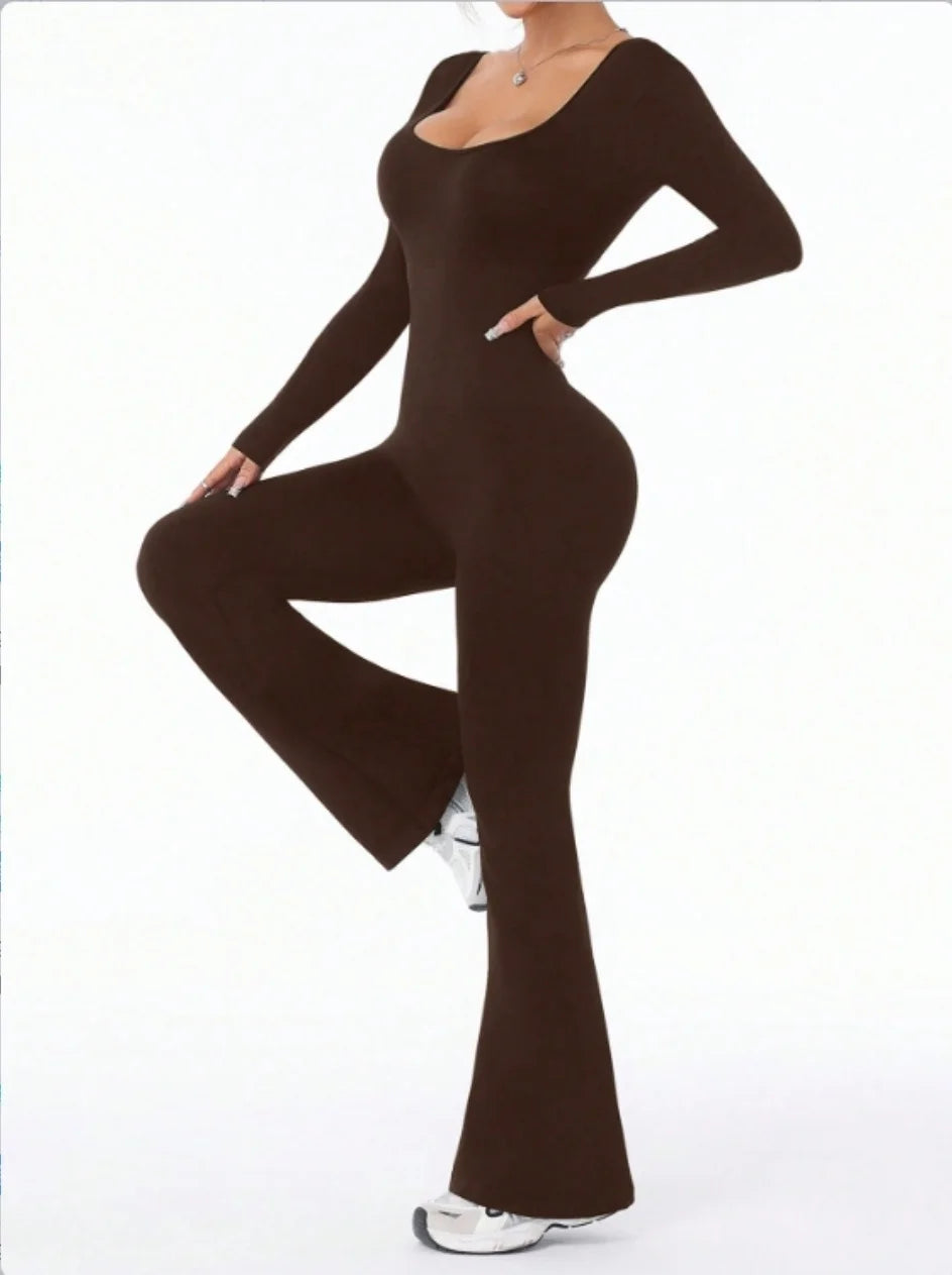 ALMASTRONG women's long sleeved compression jumpsuit with bell bottom pants, suitable for yoga and exercise, in solid color.
