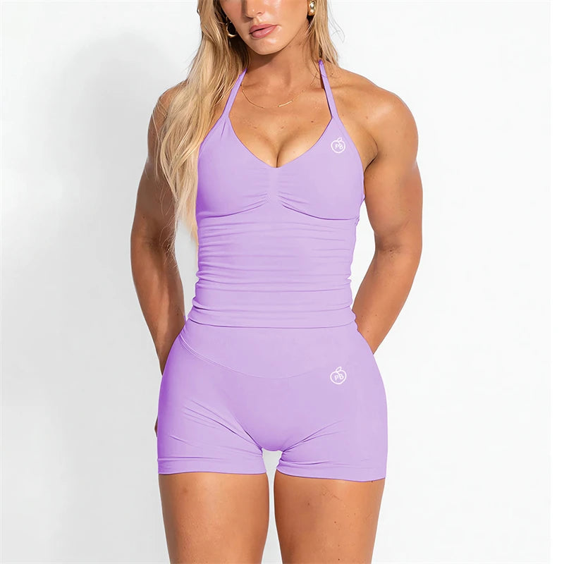 ALMASTRONG Women’s Scrunch Yoga Set – Halter Sports Top & Shorts/Leggings