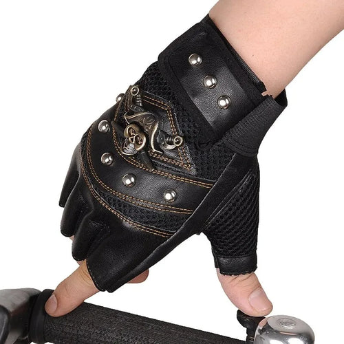 Pirate Captain PU Leather Fingerless Gloves Men Women Skulls Rivet
