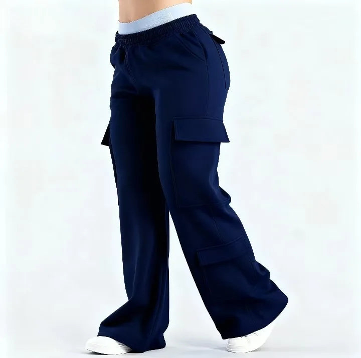 Women’s high-waist wide-leg cargo pants by ALMASTRONG featuring streetwear utility design and multiple pockets.
