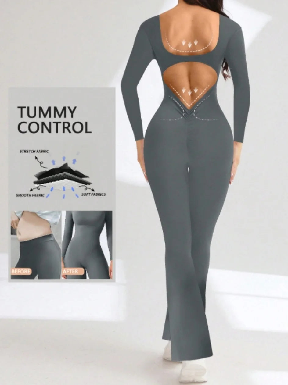 ALMASTRONG women's long sleeve compression jumpsuit with bell bottom pants, perfect for yoga and workout activities.