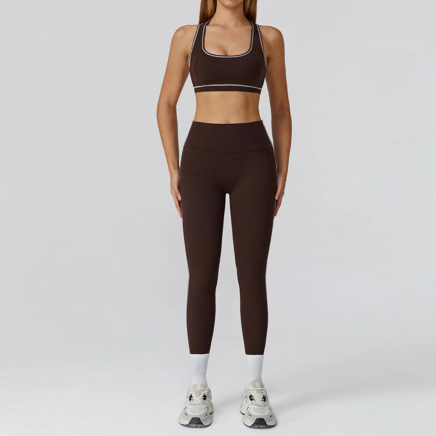 ALMASTRONG women's yoga set includes long-sleeve top, leggings, and sports bra for fitness, gym, and workout activities.