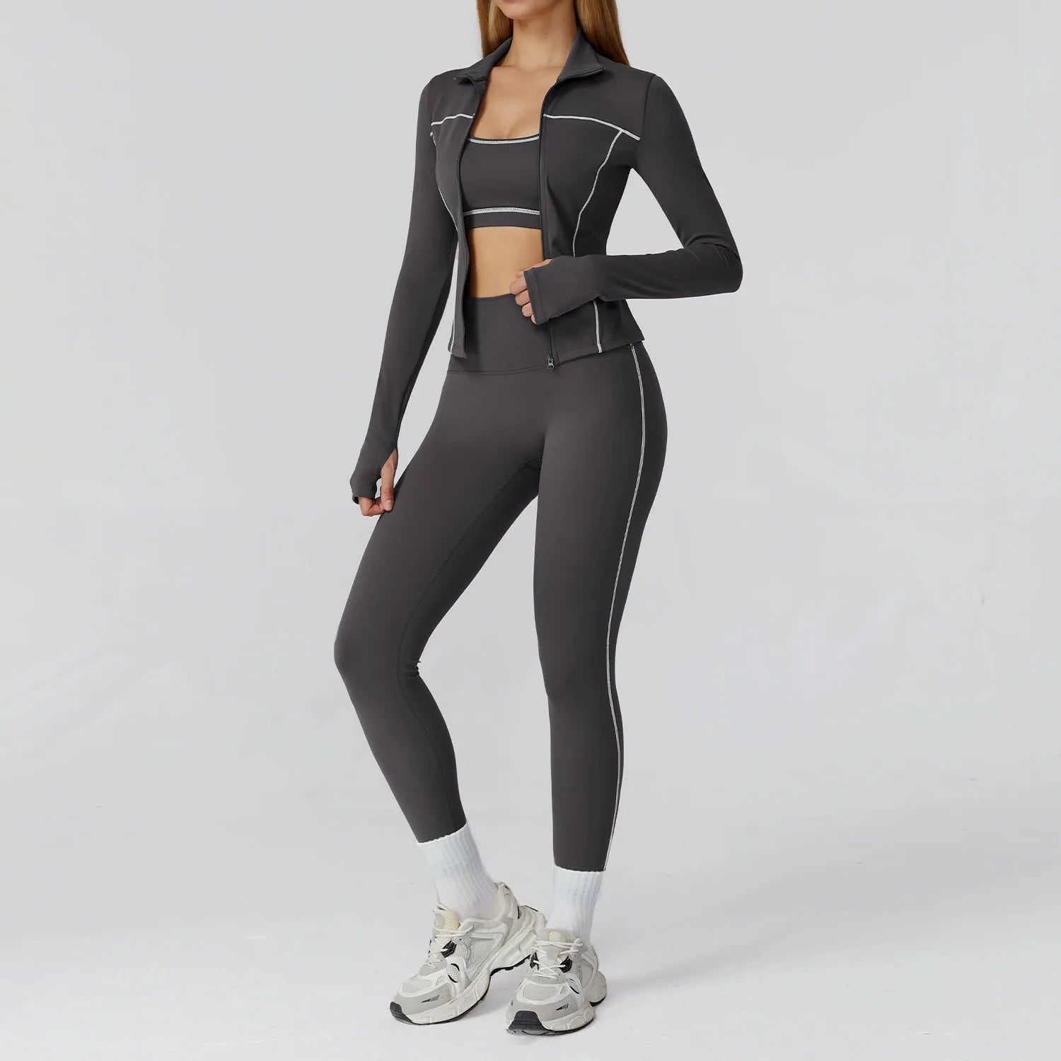 Almastrong women's yoga set with long-sleeve top and leggings, ideal for fitness, gym, and workout activities.