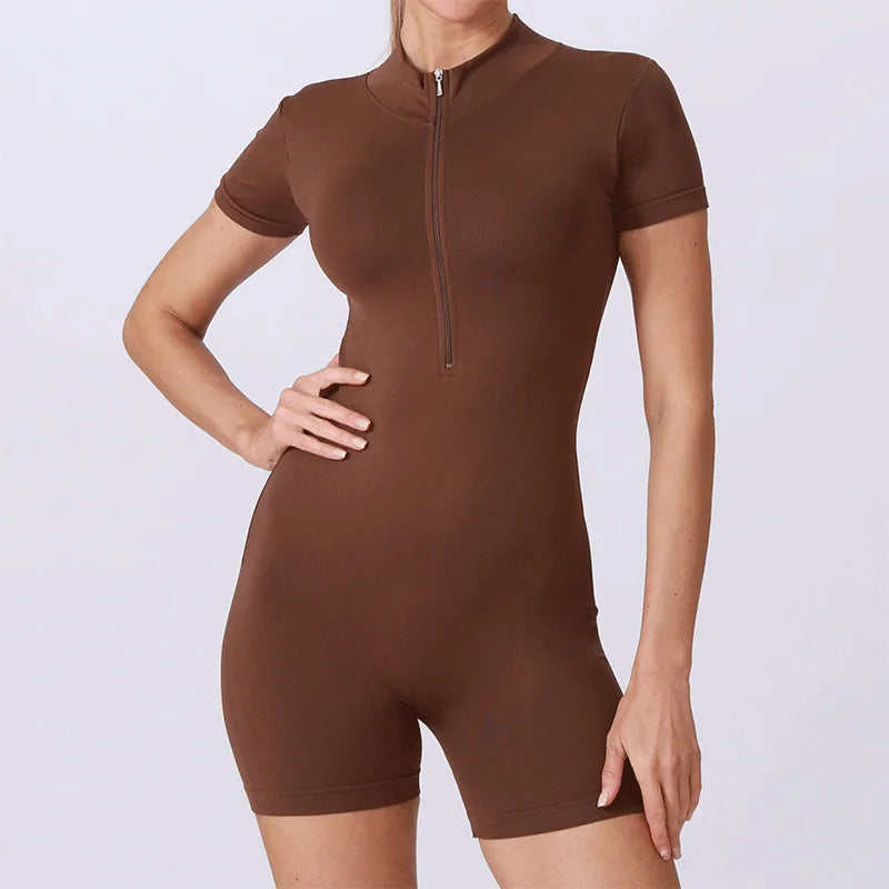 Short Sleeve Zipper Jumpsuit Sports Wear Gym Fitness Sports