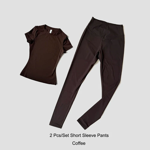 Quick-Drying Gym Leggings Set Sport Suit Short Sleeve Breathable