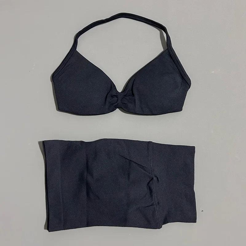 HISTELLO Gym Set 2 Piece Women Strappy Yoga Bra Top Workout Scrunch