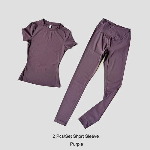 Quick-Drying Gym Leggings Set Sport Suit Short Sleeve Breathable