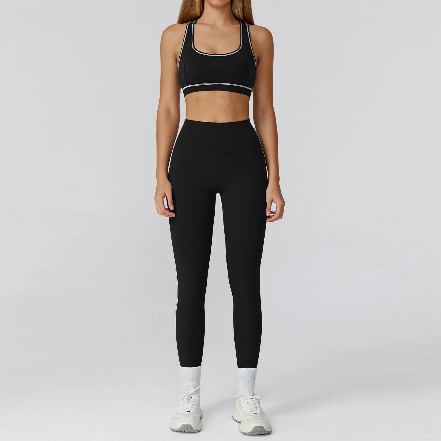 ALMASTRONG women's yoga set with long sleeve top, leggings, and sports bra for fitness and gym workouts.