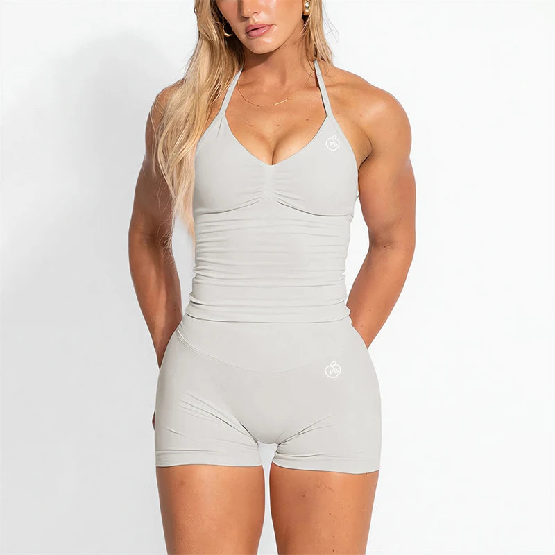 ALMASTRONG Women’s Scrunch Yoga Set – Halter Sports Top & Shorts/Leggings