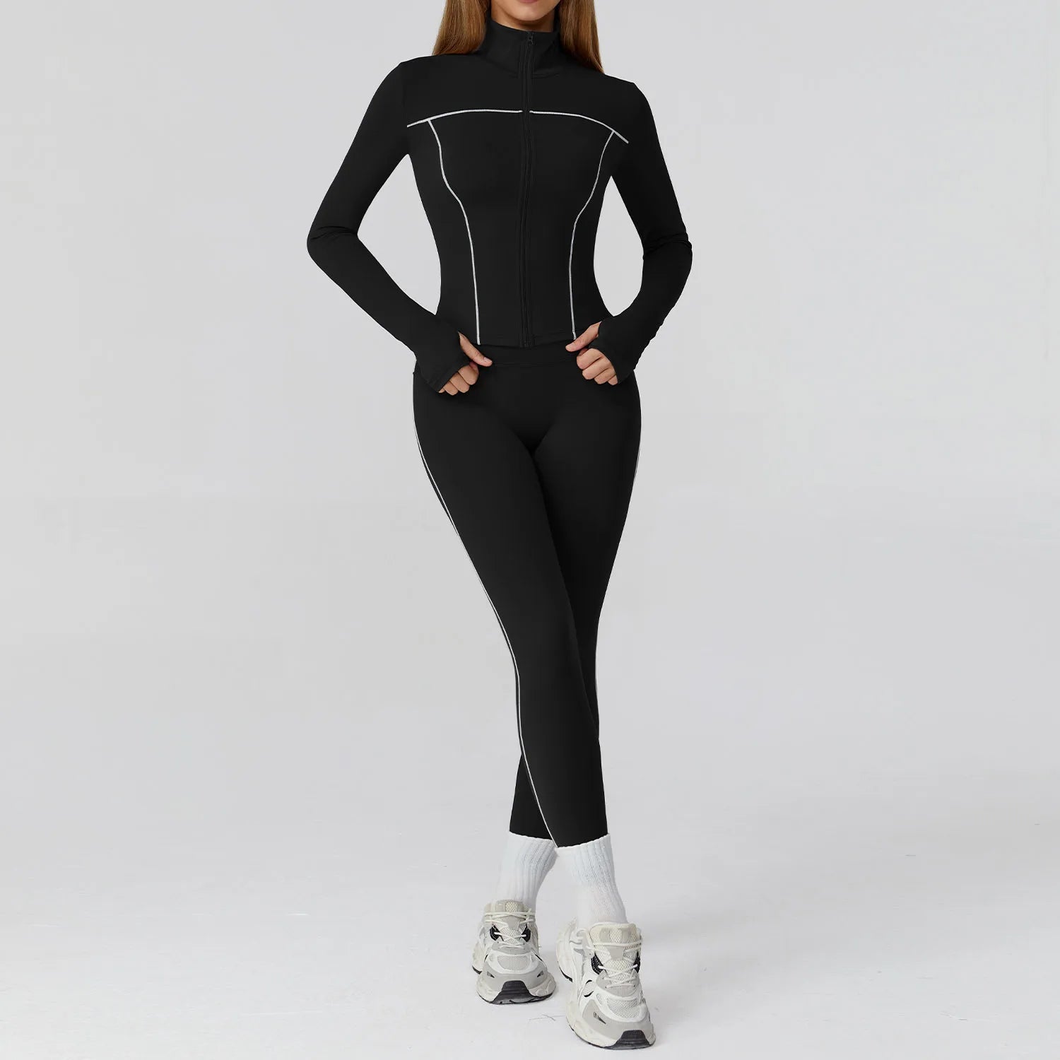 ALMASTRONG women's yoga set with long-sleeve top, leggings, and sports bra, ideal for fitness, gym, and workout activities.