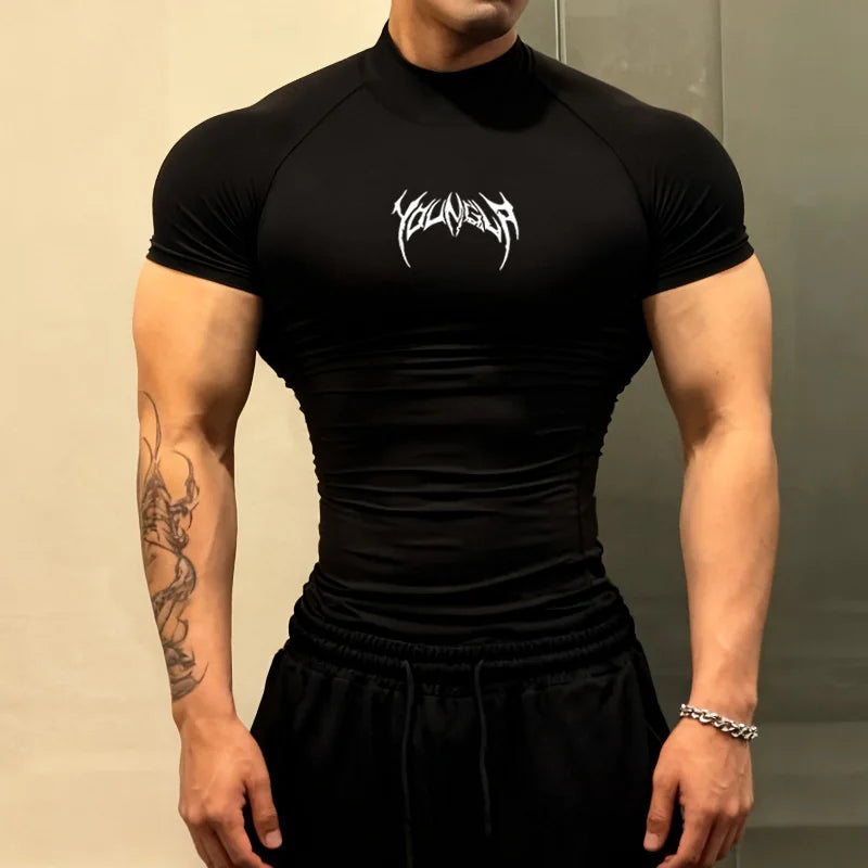 ALMASTRONG Men’s Gothic Compression T-Shirt – High-Neck Quick-Dry Training