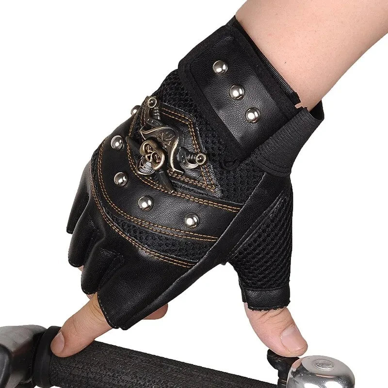 Pirate Captain PU Leather Fingerless Gloves Men Women Skulls Rivet