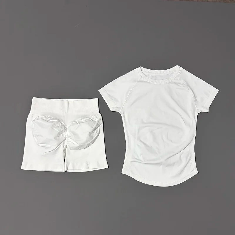 2 Pcs HISTELLO Impact Sports Sets Short Sleeve Seamless Yoga Top Fitness Set Women Workout Running Sports Shorts Gym Suit - ALMASTRONG