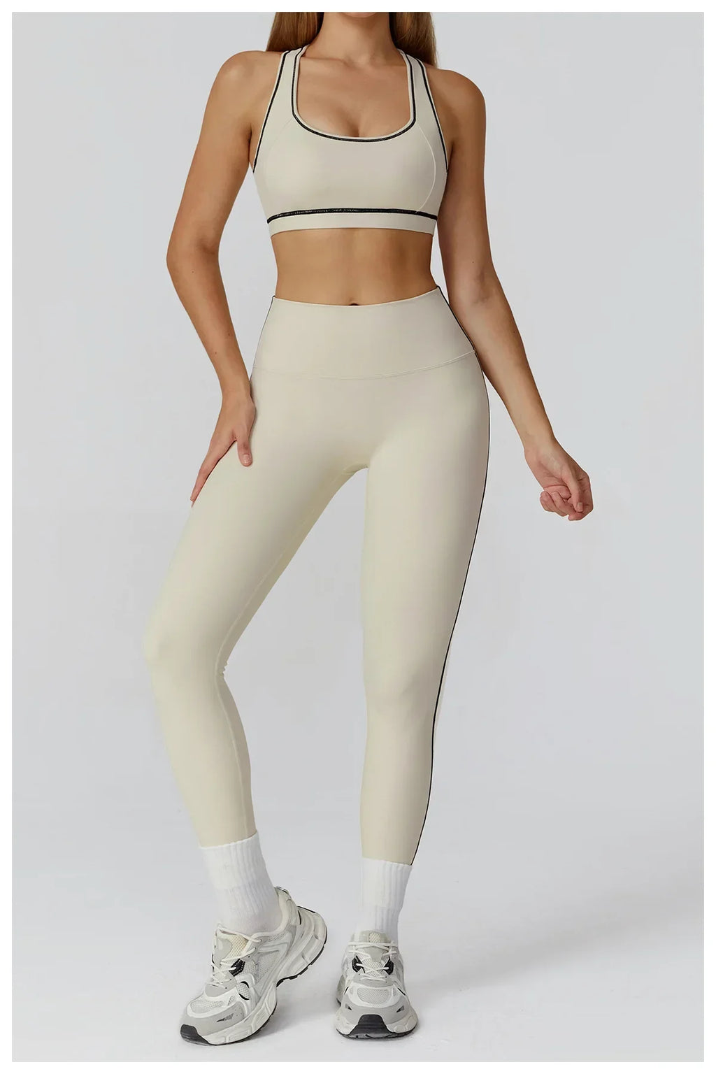 ALMASTRONG women's yoga set with long sleeve top, leggings, and sports bra for fitness and workout activities.