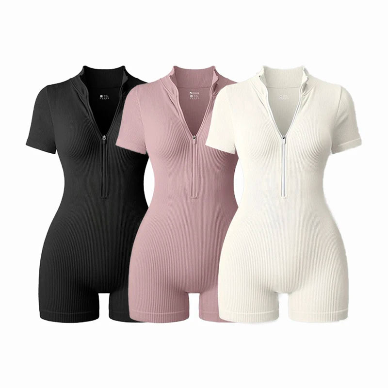 Women’s Yoga Jumpsuit 2025 – Short Sleeve Zipper Sportswear