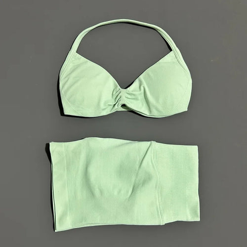 HISTELLO Gym Set 2 Piece Women Strappy Yoga Bra Top Workout Scrunch